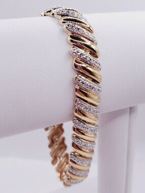 Genuine Diamond Yellow Gold and 925 Silver Twisted Pave Bracelet
